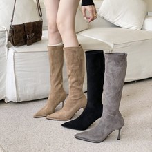 2025秋冬新款欧美尖头绒面细跟高跟气质法式时尚性感美女长靴