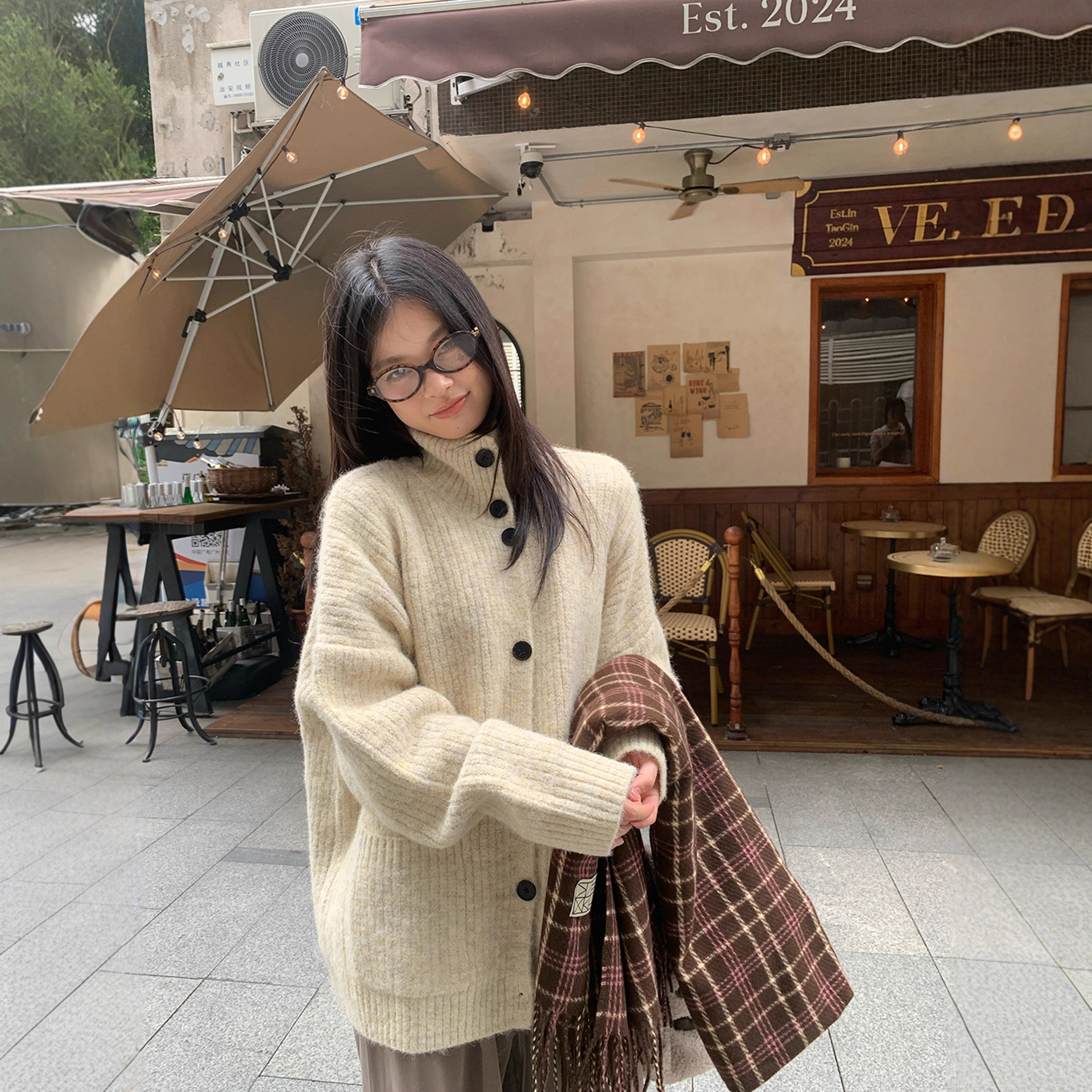 宋正恩奶茶色高领宽松毛衣女开衫秋季慵懒休闲百搭巨好看绝美上衣