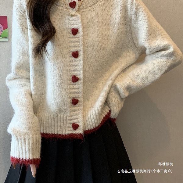 Women's sweater coat 2026 spring and autumn new design color-block heart button knit cardigan short long-sleeve top Women's sweater coat 2026 spring and autumn new design color-block heart button knit cardigan short long-sleeve top