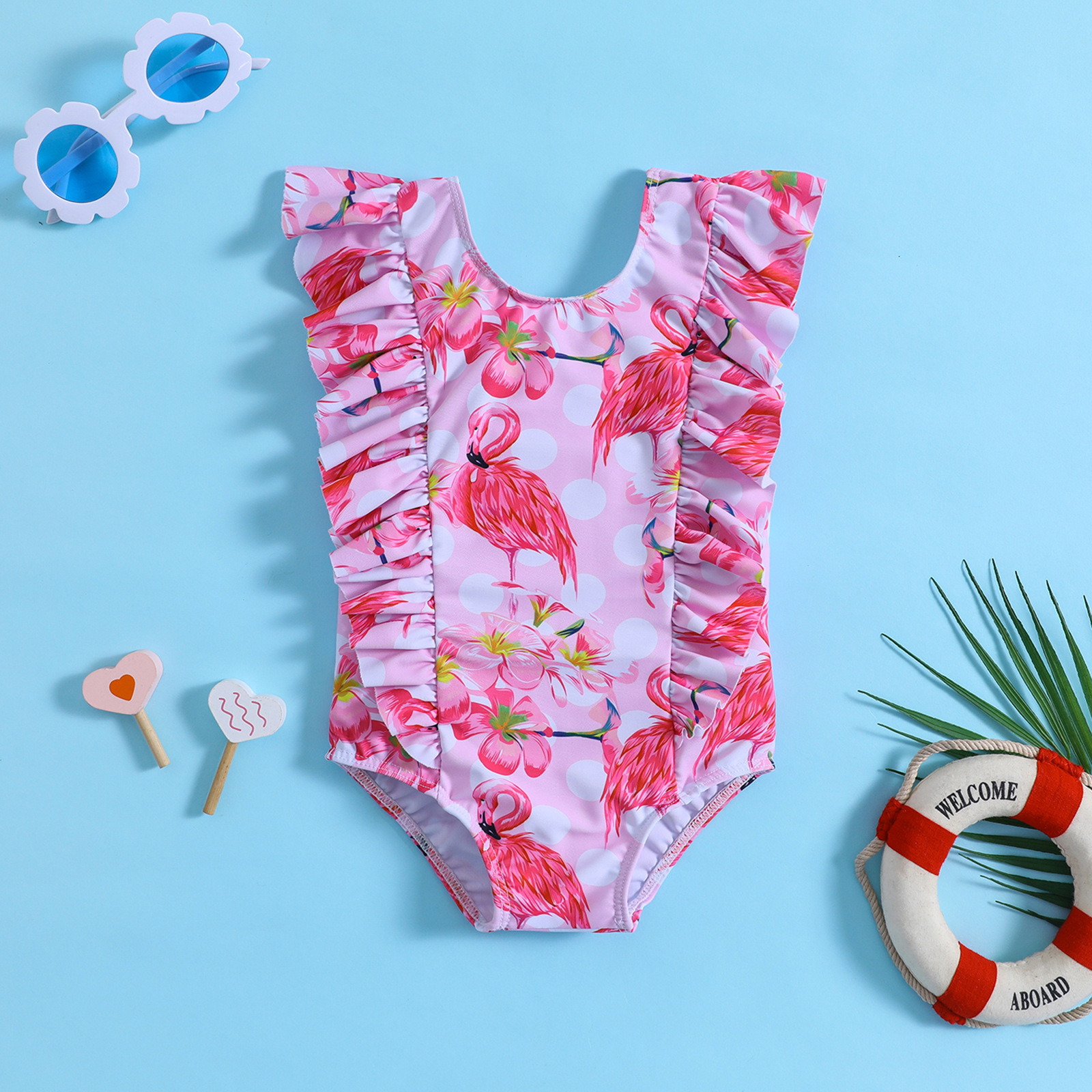 Cross-border Flamingo Ruffled Girls' Swimwear