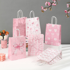 新しいホット販売ピンククラフト紙袋小さな新鮮なちょう結びプリントトートバッグキャンディー包装保存袋卸売