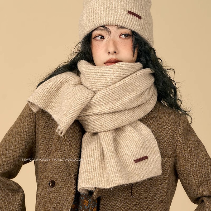 Solid color winter retro khaki knitted keep warm scarf