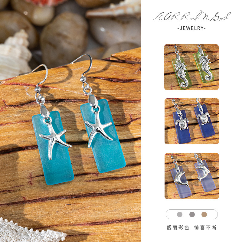 Cross-Border Ocean Vacation Style Beach Sea Glass Earrings for Women, Ins Niche Design Starfish and Turtle Pendant Earrings