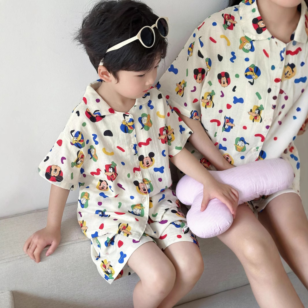 Cotton Class a Gauze Small Lapel Children's Short-Sleeved Pajamas Set for Boys and Girls, Home Wear, Parent-Child Outfit, Children's Style