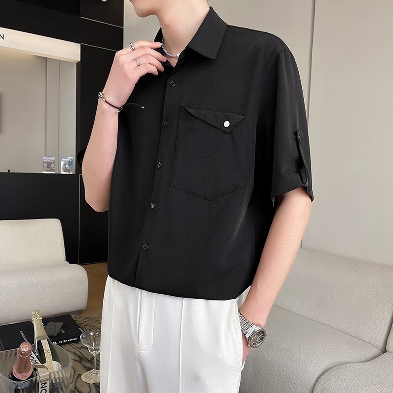 High-Neck Short-Sleeve Shirt Fashion New Ins Japanese Harajuku Trendy Versatile Summer Fashion High-End Men's