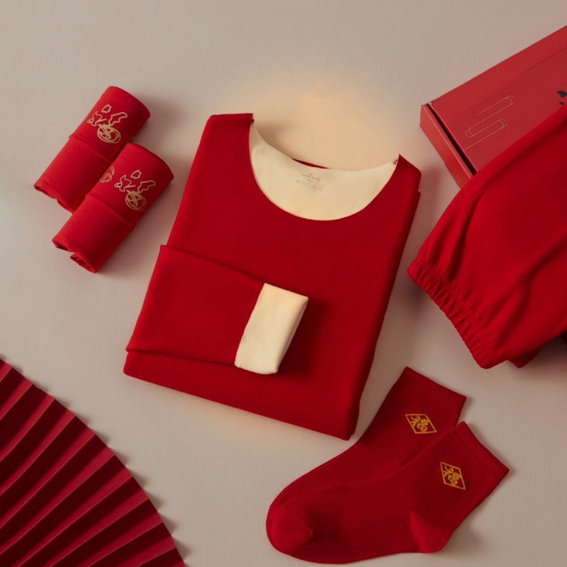 남성 벨벳 열 속옷 플러스 벨벳 농축 여성 원활한 빅 레드 가을 속옷 웨딩 슈트