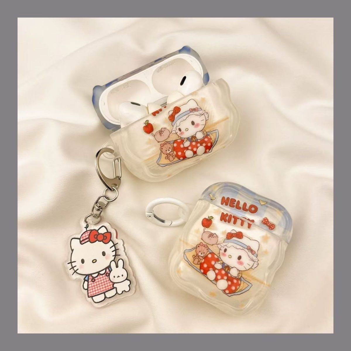 Kitty Gato Peach Bear Picnic para AirPods 4 generación de auriculares AirPodspro3 cubierta de Bluetooth Apple