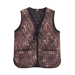 2024 Winter Casual Women's Clothing V Neck Lace-Up Fashion Animal Pattern Printed Cotton Padded Vest Waistcoat