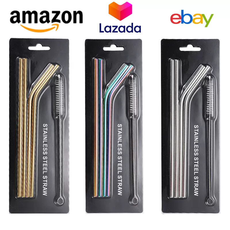 跨境304不锈钢吸管套装镀钛彩色金属创意6*215mm吸管吸塑纸卡套装