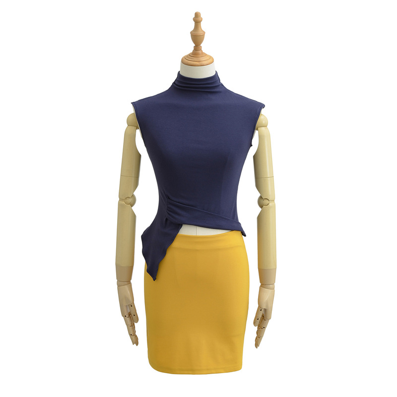 Navy Blue Sleeveless T-Shirt, Slim Fit, Asymmetrical High Collar, Waist-Cinching Right Shoulder Top, Yellow Hip-Hugging Short Skirt, A-Line Skirt Suit