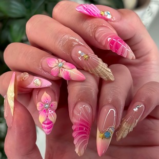 Cross-Border Hot-Selling Almond-Shaped Popular Ocean-Style Shells Pure Desire Flowers with Diamond Embellishments Wearable Nail Products Wholesale