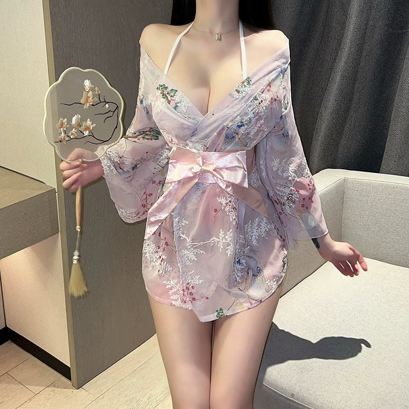 Комплект белья-халат в японском стиле, one size, прозрачное кимоно с бантом и топом-халтером