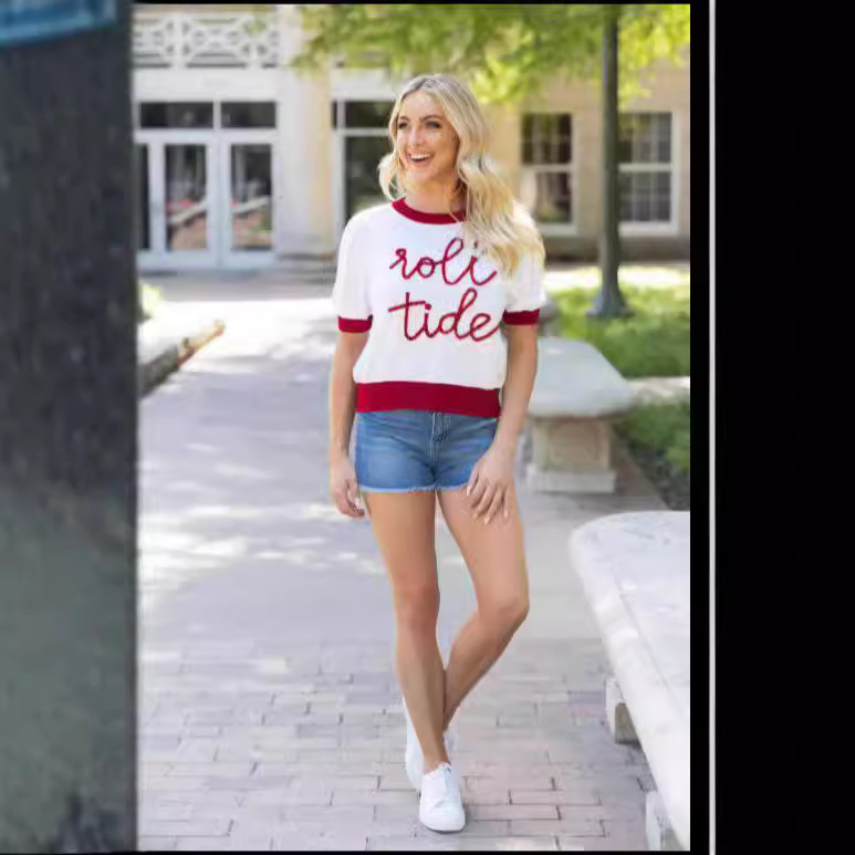 Cross-Border Women's Patchwork Queen Clothing Gitter Script Embroidery Sweater Letter Sweatshirt Puff Sleeve Short Sleeve