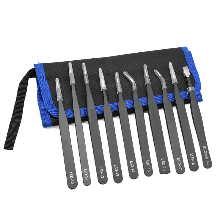 Venta al por mayor bolsa de lona de 9 piezas pinzas traje ESD anti-estática punta codo pelo recoger injerto pestañas eliminación reparación de la máquina