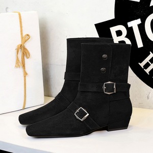 8628-1 Western Short Boots Retro Square Head Belt Buckle Thick Heel Suede Folding Two Wear Thin Single Boots Middle Boot