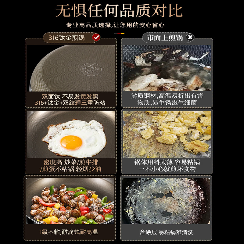 Pan doméstico 2024 nuevo tipo de titanio sin recubrimiento no pegajoso titanio 316 acero inoxidable profundizar titanio