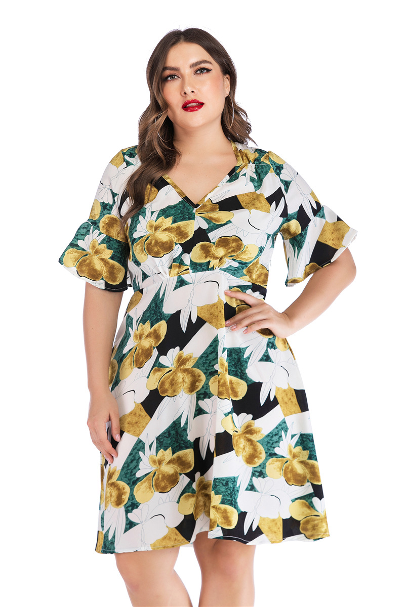 plus size print v-neck stitching short dress NSCX126013