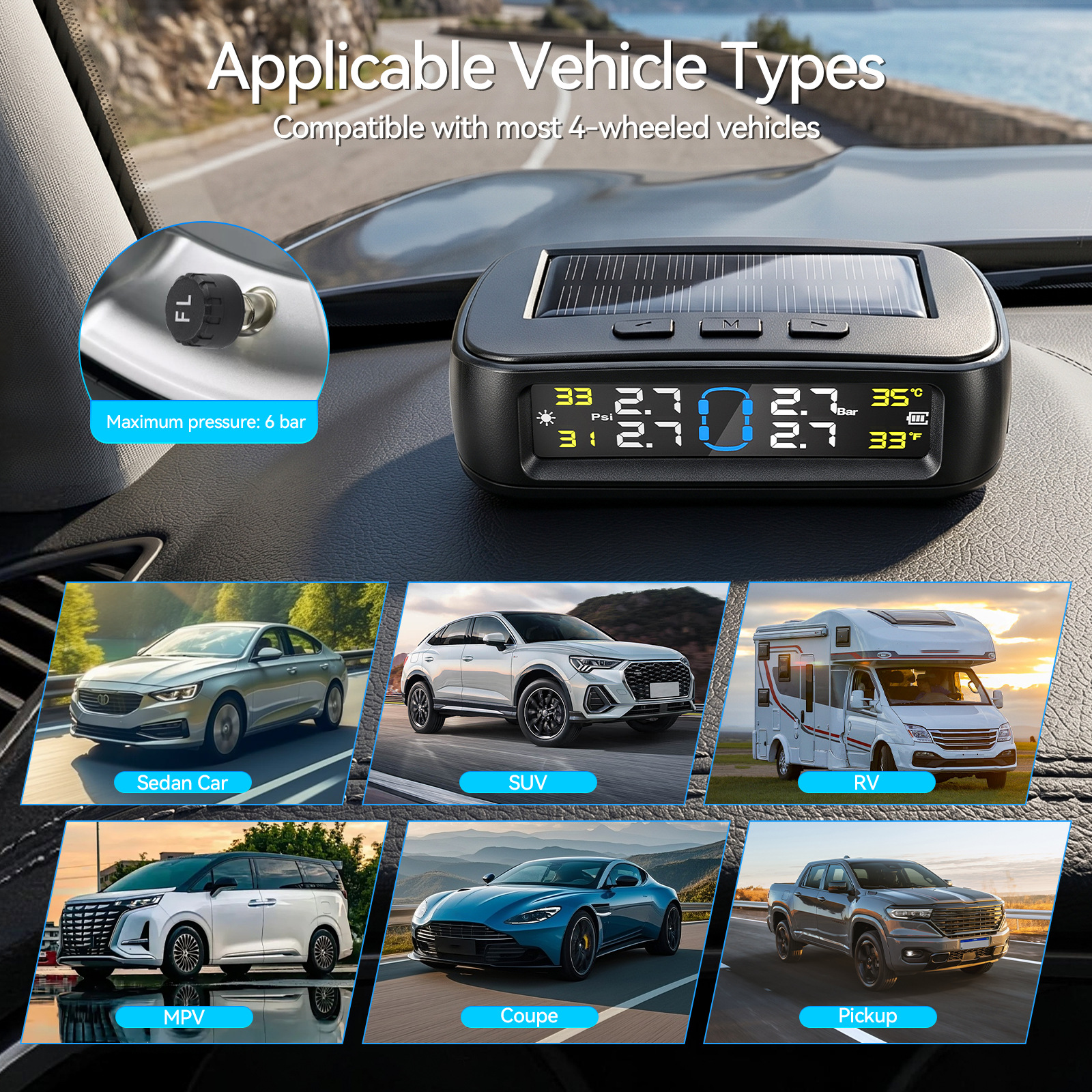 Woliip Solar Tpms Car Tire Pressure Monitoring System Wireless Sensor High-Precision Digital Display