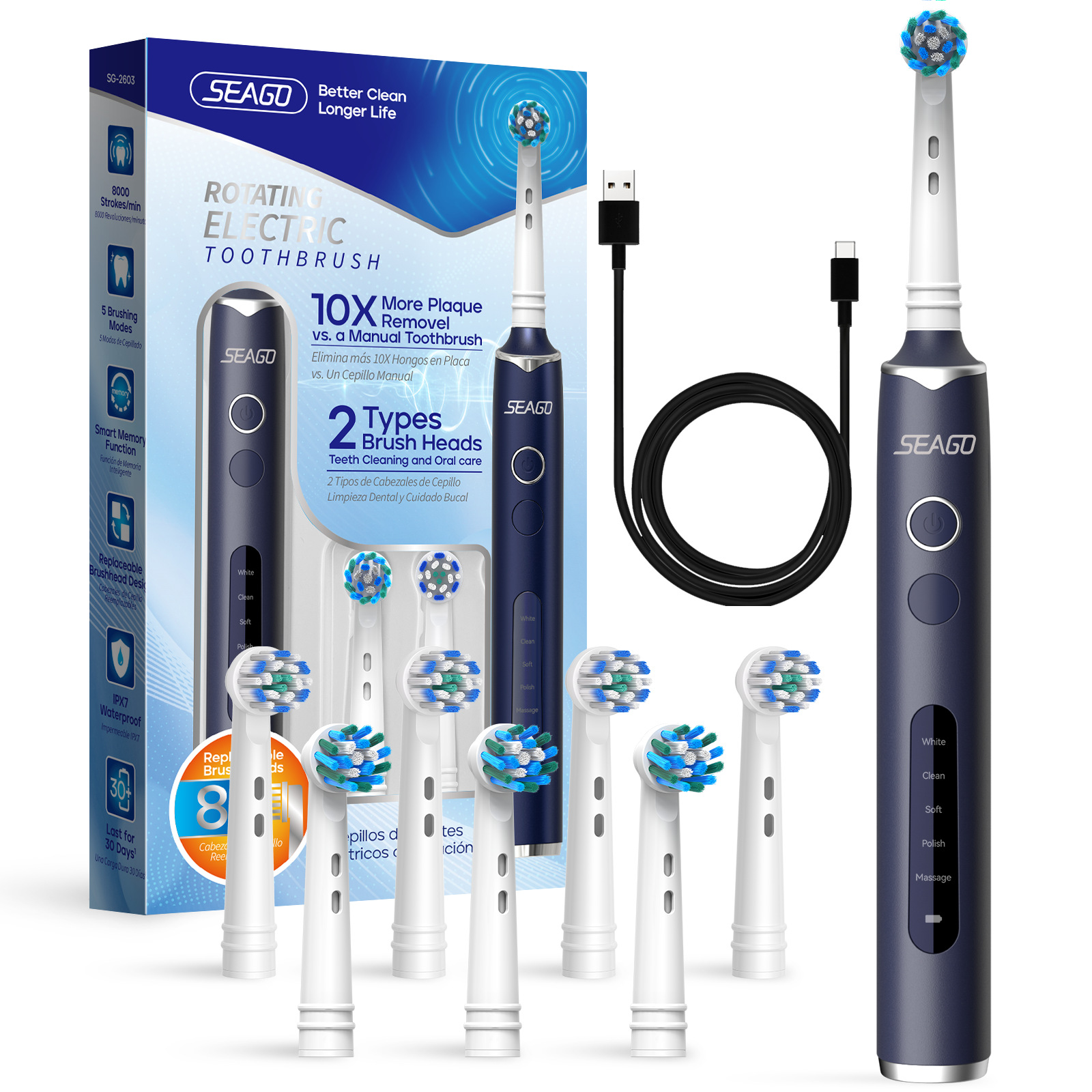 Rotating Electric Toothbrush 2025 New Model Electric Toothbrush Rechargeable Adult Round Head Electric Toothbrush with Eight Brush Heads