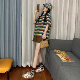 【仿棉斜纹拉架】夏季新款休闲运动服套装女条纹宽松短袖短裤两件