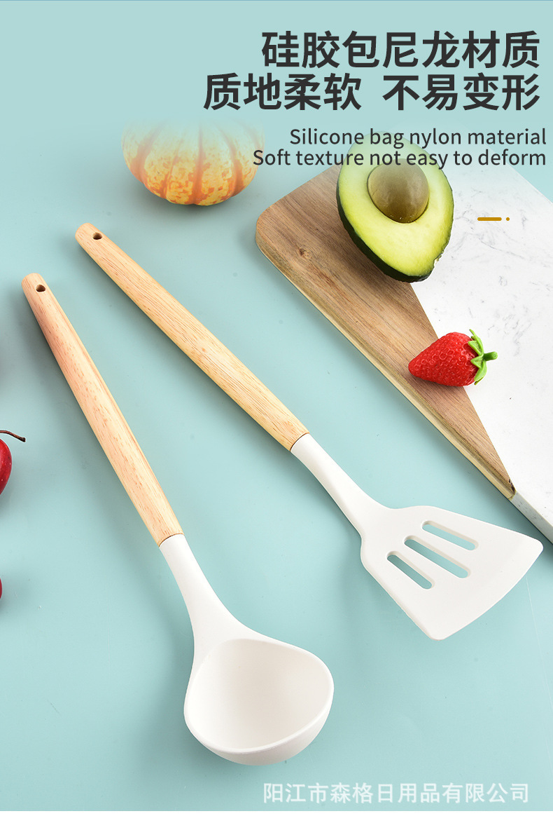Beyaz Silikon Ahşap Saplı Mutfak Eşyaları Seti Gıda Seviyesi Yüksek Sıcaklık Dayanıklı İzolasyonlu Spatula Kepçe Çorba Kaşığı Yemek Maşası Saklama Kovası