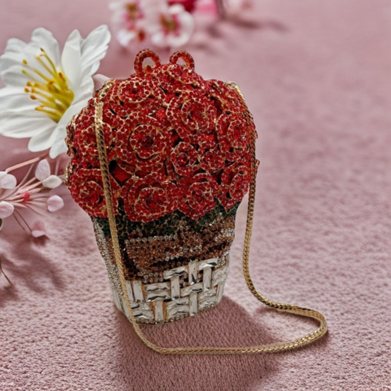 Túi cầm tay dạ hội đính kim cương thủ công hình giỏ hoa — Nền Đỏ hoa hồng đỏ, Nền xanh lục hoa hồng đỏ, Hoa Hồng bảy màu, Cá tính đặt làm