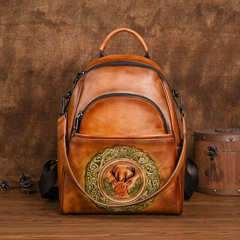 Ba lô da bò nữ cỡ lớn thiết kế đầu hươu phong cách vintage — Màu đen cổ điển, Cà phê cổ điển, Màu nâu cổ điển