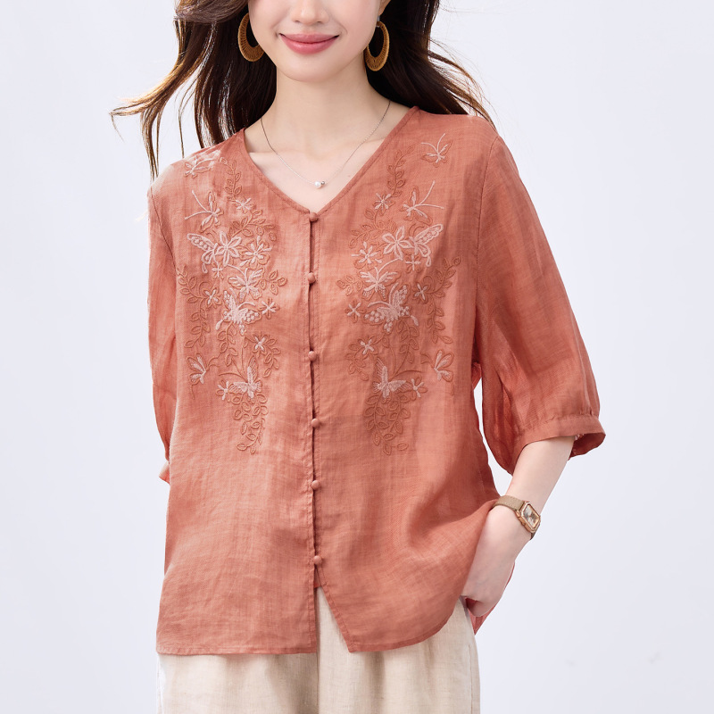 High-End Ramie Embroidered Shirt for Women, Summer 2026 New Style, Mom's Cotton-Linen Top, Stylish Casual Youthful Beautiful Blouse