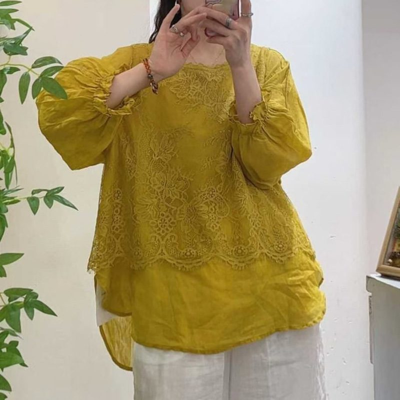 Women's ramie long-sleeved shirt, 2026 spring/autumn new collection, fashionable, loose-fitting, slimming, retro style, ramie autumn collection, thin fabric