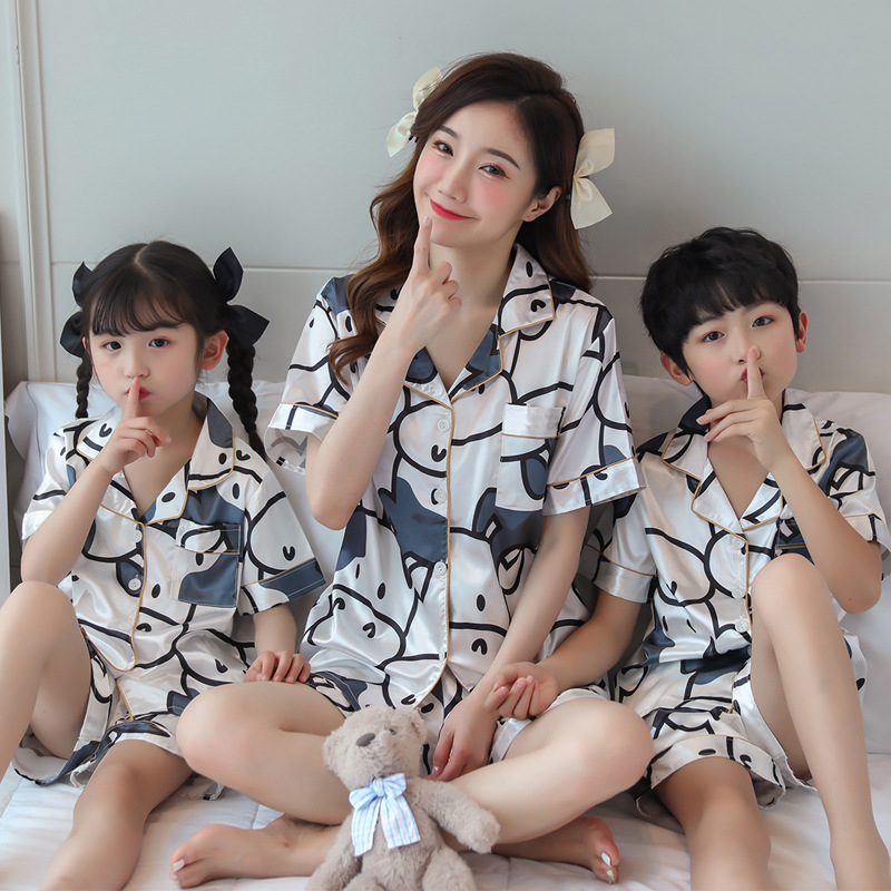 Parent child summer short sleeve girls' pajamas ice silk baby big children's summer air conditioning clothes children's home clothes set