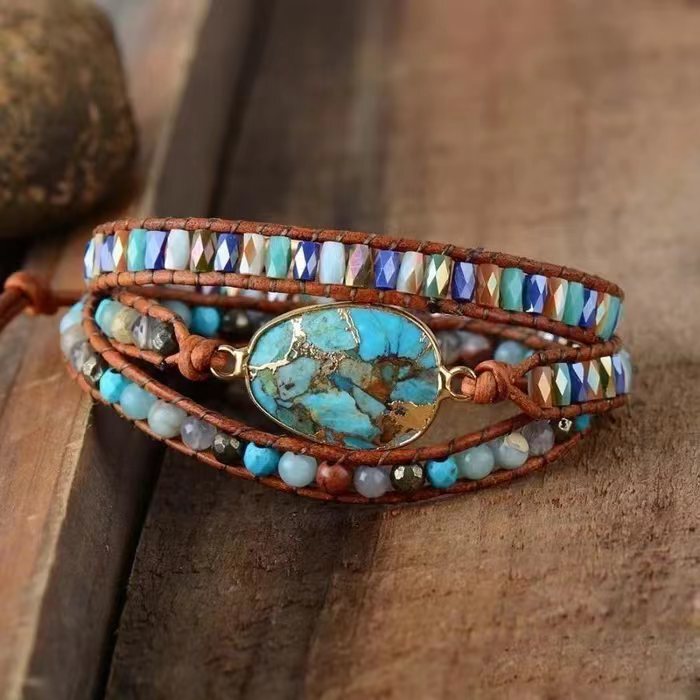 European and American Popular Jewelry Double-Color Imperial Stone Multi-Layer Woven Leather Wrap Bracelet Turquoise Ethnic Style Bracelet