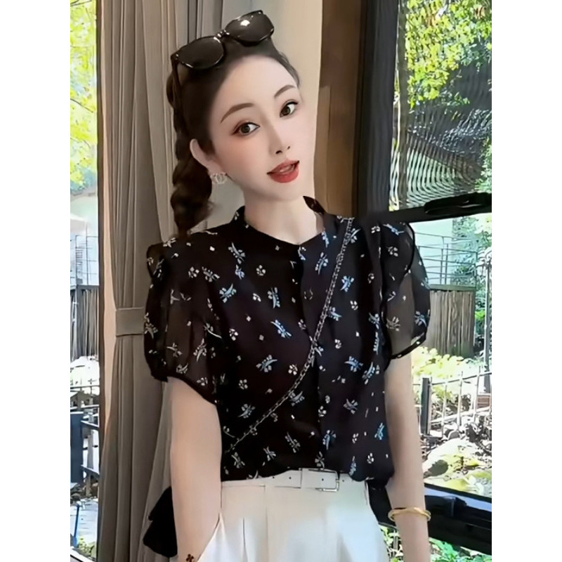 2025夏季新款洋气印花宽松显瘦百搭立领荷叶边拼接爆款短袖衬衫女|undefined