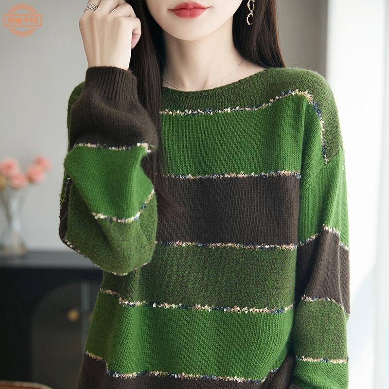 秋冬新款韩系条纹毛衣女慵懒风撞色针织衫时尚设计感打底衫上衣