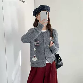 跨境秋冬新款可爱圆领长袖针织开衫女新款立体装饰百搭宽松毛衣女