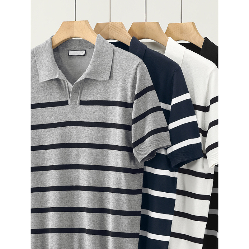 Polo camiseta de punto camiseta de manga corta camiseta de hombre cuello en V gaviota cuello rayas viejas líneas de viento de verano fábrica transfronteriza mayorista
