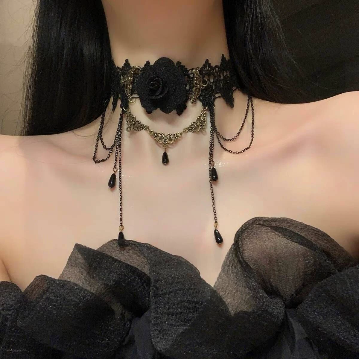 Black accessory, necklace with tassels, pendant, choker, floral print