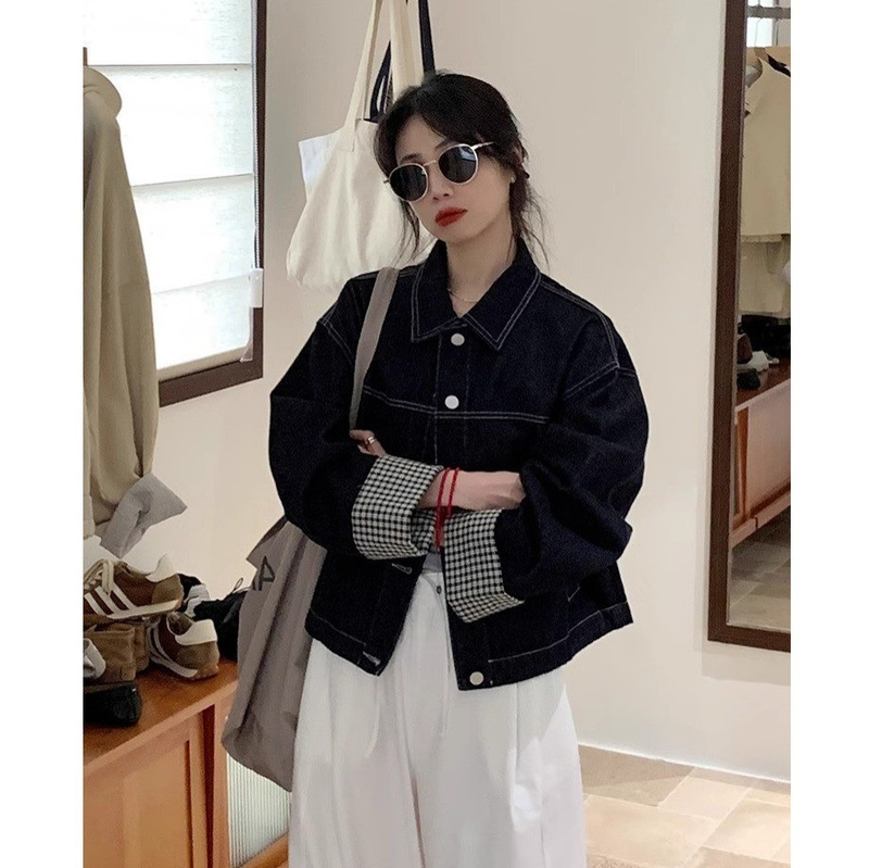 Korean Style Cuffs Contrasting Denim Jacket Women's Loose Bf Lazy Style Petite Short Style 2025 Autumn and Winter New Style