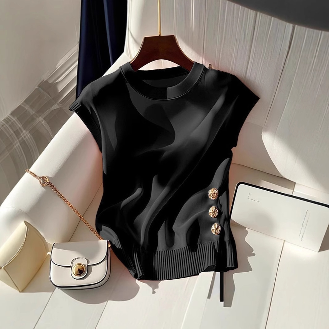 Women's Light Luxury Pink Knit Top Round Neck Sleeveless T-Shirt French Style Summer Chic Fashion For Youthful Women_voghion.com