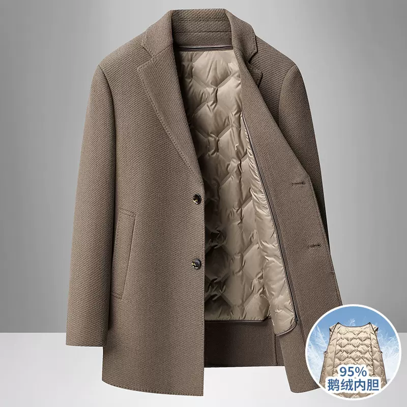 双面呢大衣秋冬中长款羊毛呢子风衣中年鹅绒内胆保暖西装领外套男