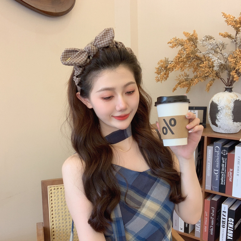 韩版简约格子裹布格纹带齿波浪发箍女百搭外出压发头箍网红发饰品|undefined