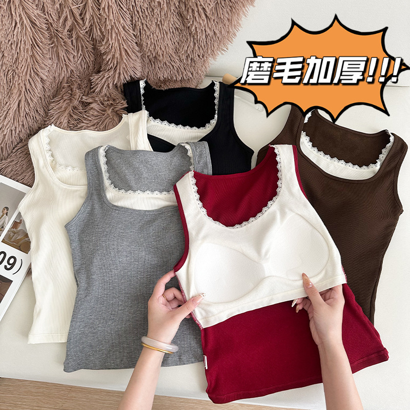 秋冬新款假两件蕾丝边磨毛保暖背心女带胸垫内搭外穿无袖保暖上衣|undefined