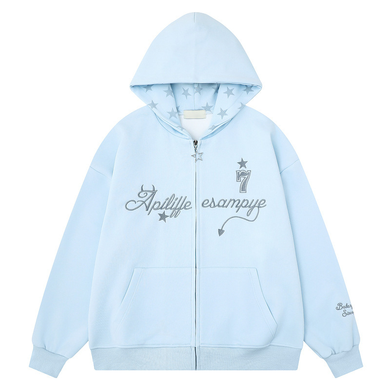 American Retro Star Embroidery Hooded Cardigan Sweatshirt for Men and Women 2026 Loose Oversize Couple Light Subculture Style