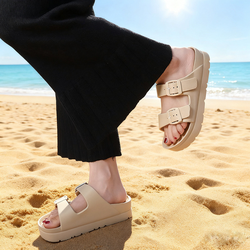 Birkenth Shoes Thick-soled Shoes Women's Birkenth Shoes Thick-soled EVA Slippers Heightened Outer Wear Sandals Classic Double Buckle Beach Shoes