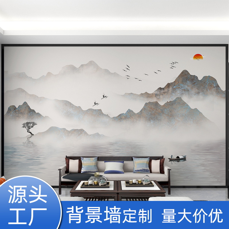 3D电视背景墙宣绒布大气新中式客厅墙纸6d山水壁画轻奢8d墙布壁布