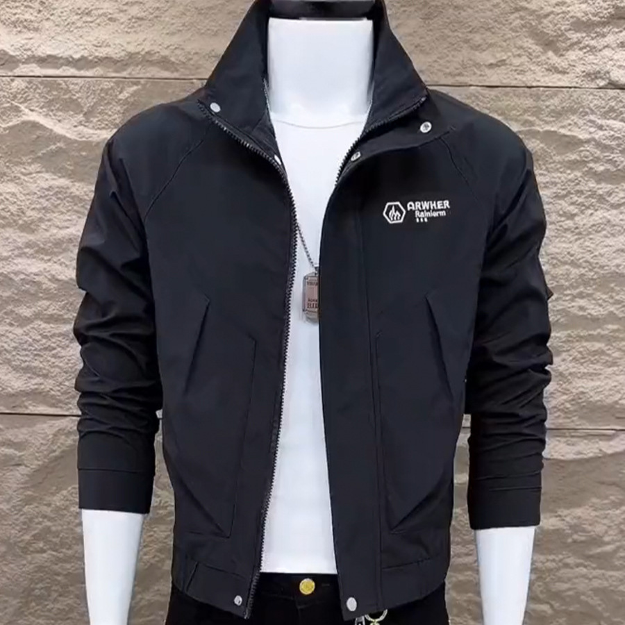 春秋外套男短款翻领纯色简约男士夹克韩版修身字母刺绣网红上衣