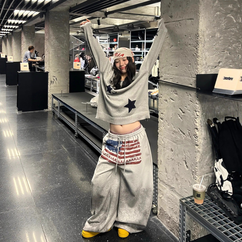 欧美hiphop字母印花运动卫裤女慵懒风做旧宽松百搭跳舞爵士弯刀裤|undefined