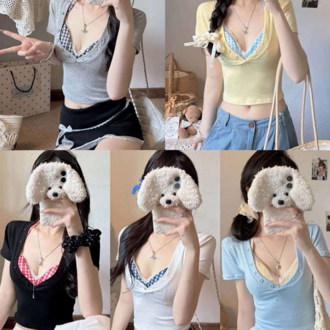 5108 # Pure Desire Hot Girl Low-Cut V Neck Slim Short-Sleeved T-Shirt + Plaid Halter Camisole Two-Piece Suit