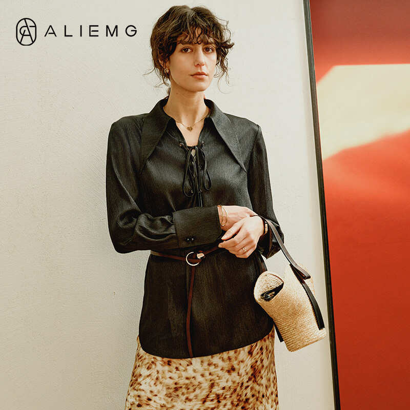 Black Satin Shirt Women's Draped Light Mature French Niche Top Design Deep V-Strap Loose Long-Sleeve Shirt