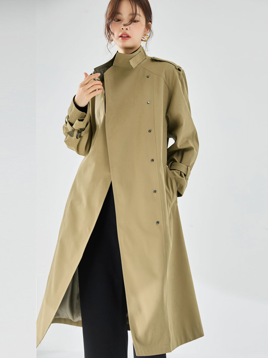 25 Autumn New Handsome Stand Collar Smooth and Not Easy to Wrinkle Velvet Feeling Leather Commuting Casual Mid-Length Windbreaker Jacket 23066