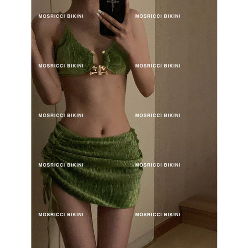 Green velvet bikini three-piece European and American ins style white sexy split swimsuit Sanya vacation hot springs